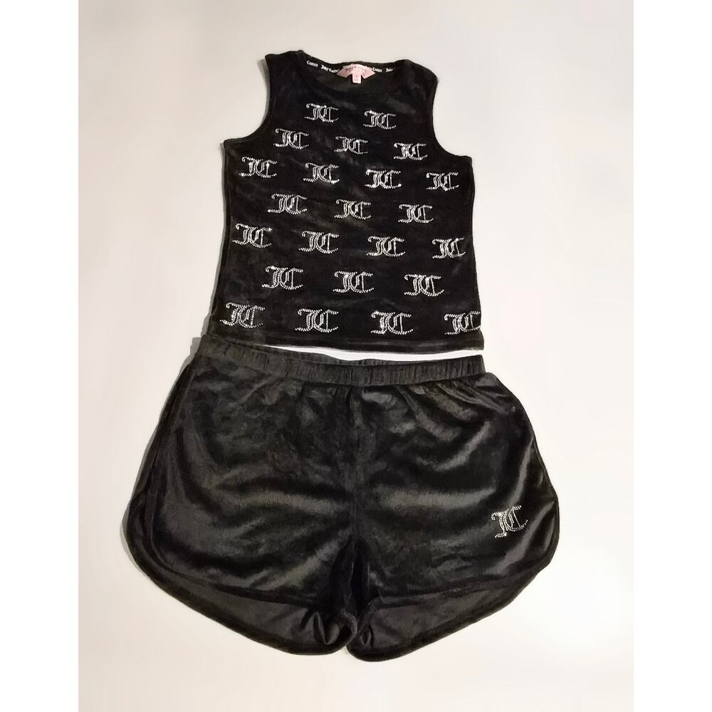 Juicy Couture Y2K Black Velour Rhinestone Monogram Tank & Shorts Pajama Set S